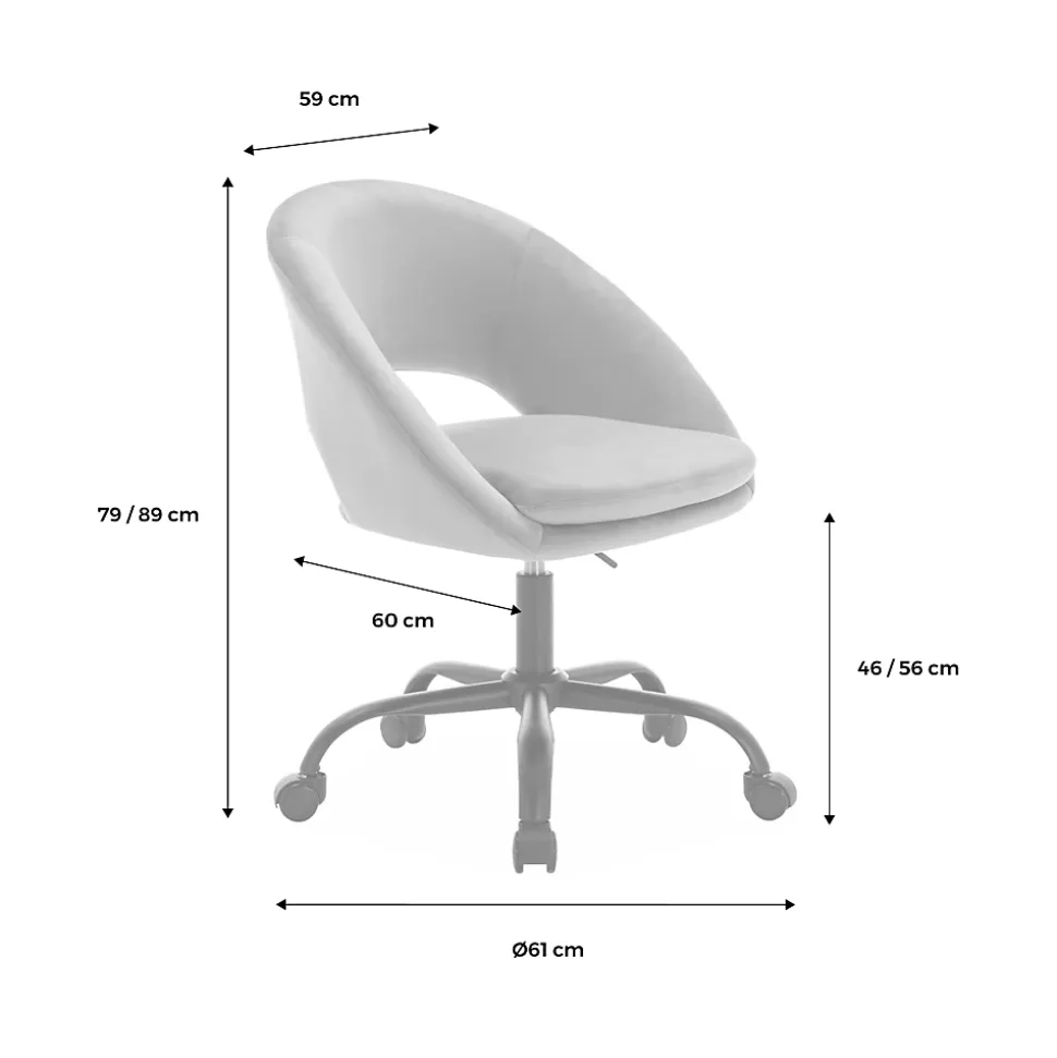 Chaise de bureau ronde à roulettes en velours blanc cassé. Pam. L 59 x P 60 x H 79 / 89cm