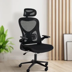Chaise de bureau Roseburg, ajustable hauteur, pivotante, soutien lombaire, revêtement mesh respirant. Noir
