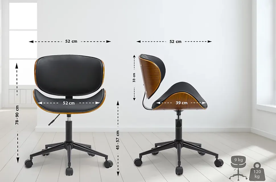 Chaise de bureau Sammy, Chaise pivotante avec revêtement en similicuir, Cadre en bois courbé Noir