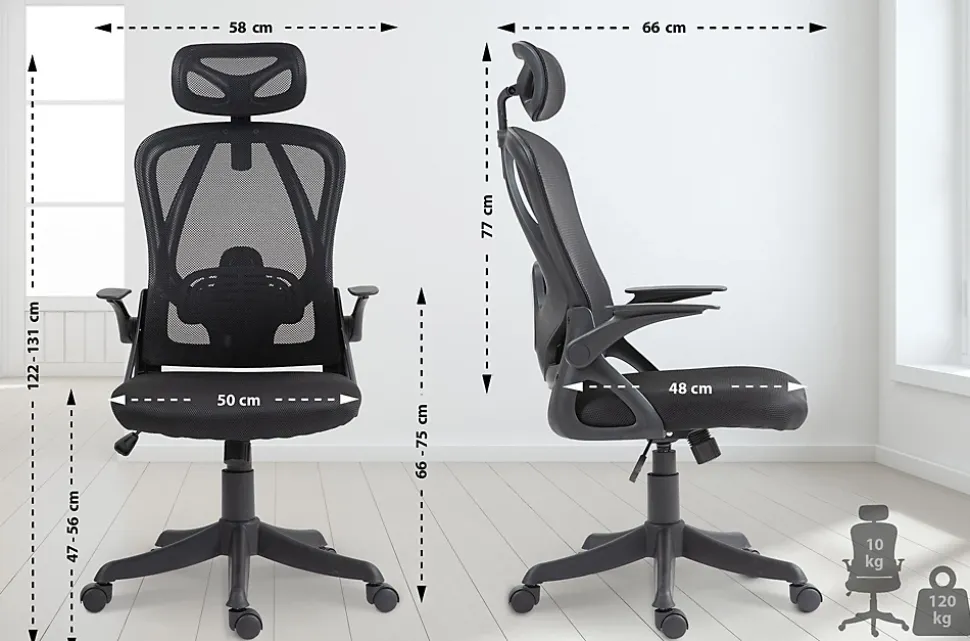 Chaise de bureau Taos, Chaise de bureau ergonomique avec appui-tête et accoudoirs, Chaise pivotante réglable en hauteur Noir