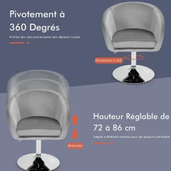 Chaise de Coiffeuse en Velours Tabouret de Bar Réglable en Hauteur 13CM avec Dossier Rond Base en Métal Gris