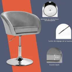 Chaise de Coiffeuse en Velours Tabouret de Bar Réglable en Hauteur 13CM avec Dossier Rond Base en Métal Gris