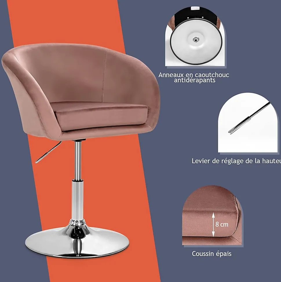 Chaise de Coiffeuse en Velours Tabouret de Bar Réglable en Hauteur 13CM avec Dossier Rond Base en Métal Rose