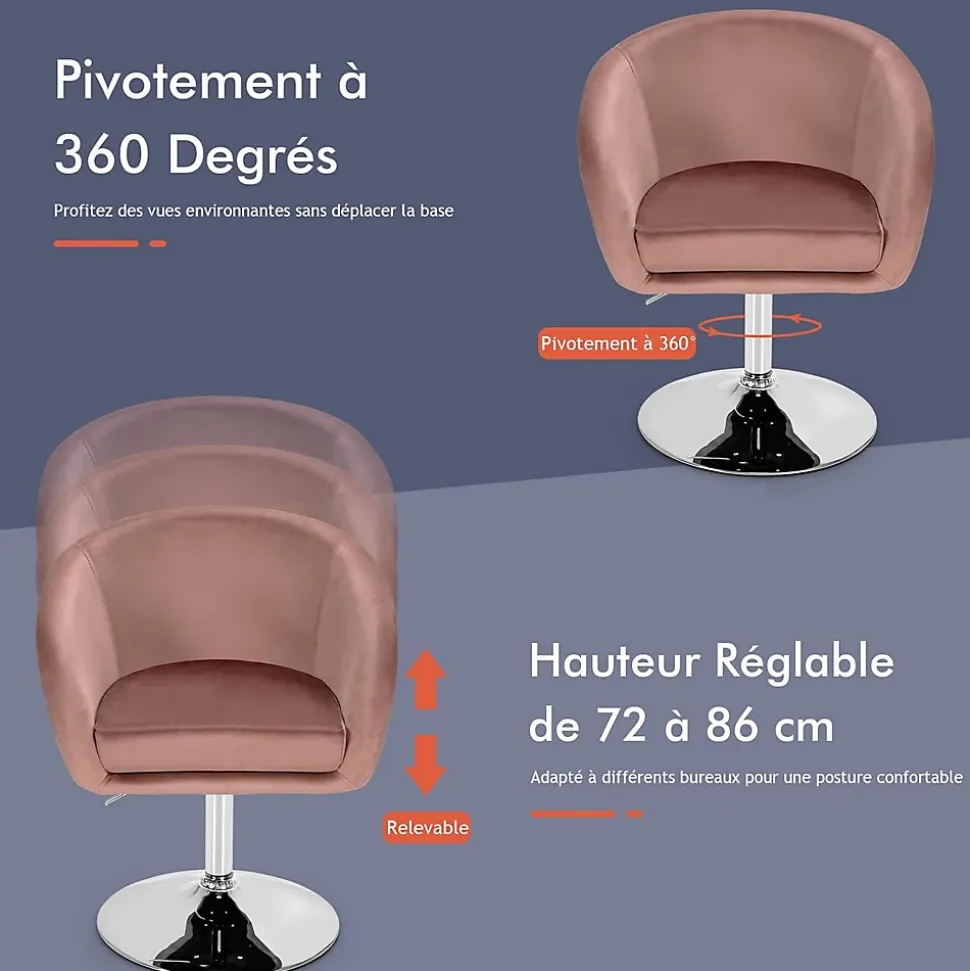 Chaise de Coiffeuse en Velours Tabouret de Bar Réglable en Hauteur 13CM avec Dossier Rond Base en Métal Rose