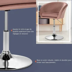Chaise de Coiffeuse en Velours Tabouret de Bar Réglable en Hauteur 13CM avec Dossier Rond Base en Métal Rose