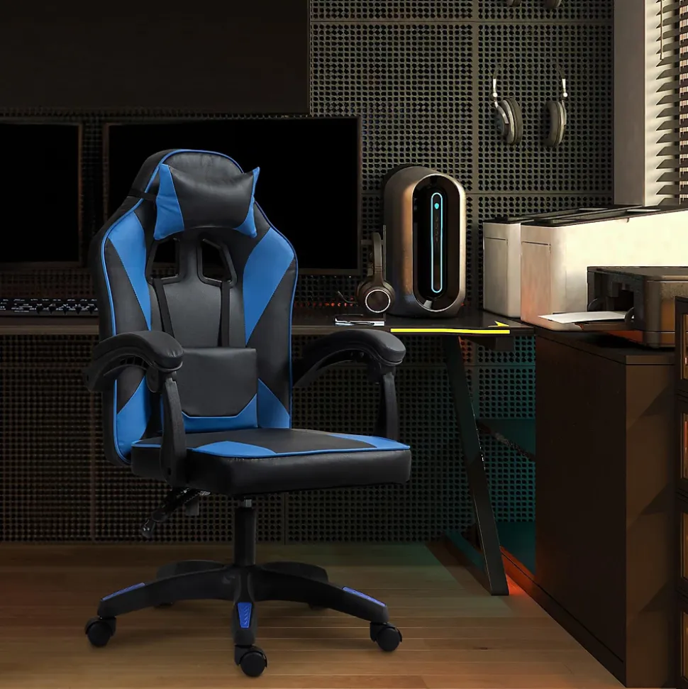 Chaise gaming Orkney similicuir, chaise bureau ergonomique avec coussin lombaire, dossier réglable, appuie-tête Noir/Bleu