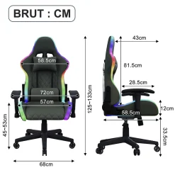 Chaise Gaming/Bureau LED RGB avec Massage Lombaire, Dossier Inclinable, Accoudoirs 2D, Pour Ados & Adultes