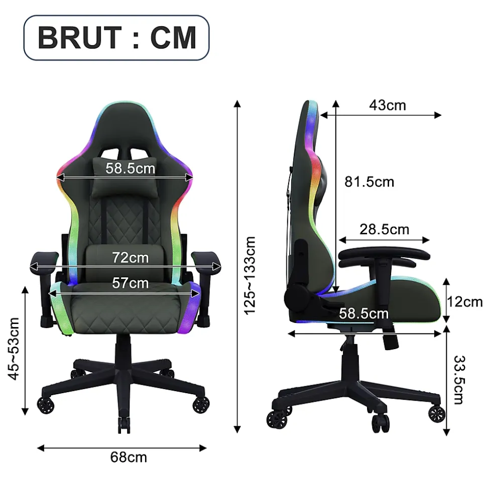 Chaise Gaming/Bureau LED RGB avec Massage Lombaire, Dossier Inclinable, Accoudoirs 2D, Pour Ados & Adultes
