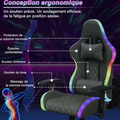 Chaise Gaming/Bureau LED RGB avec Massage Lombaire, Dossier Inclinable, Accoudoirs 2D, Pour Ados & Adultes