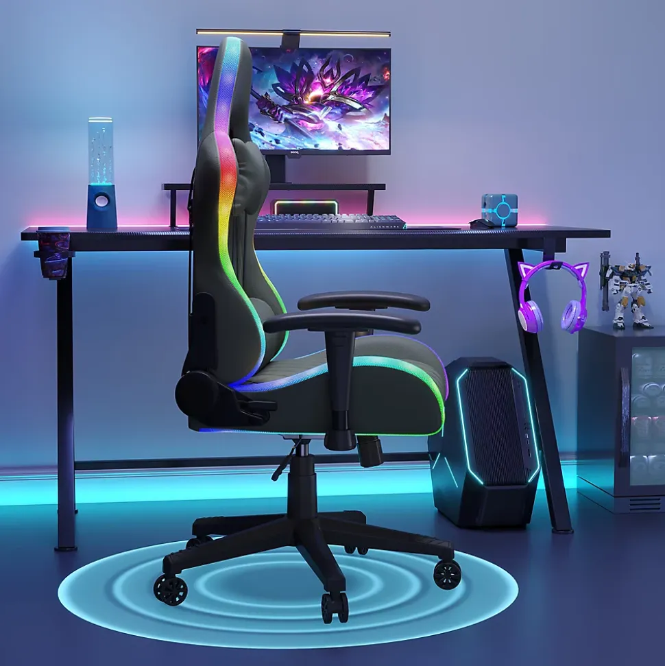 Chaise Gaming/Bureau LED RGB avec Massage Lombaire, Dossier Inclinable, Accoudoirs 2D, Pour Ados & Adultes