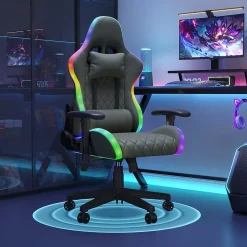 Chaise Gaming/Bureau LED RGB avec Massage Lombaire, Dossier Inclinable, Accoudoirs 2D, Pour Ados & Adultes