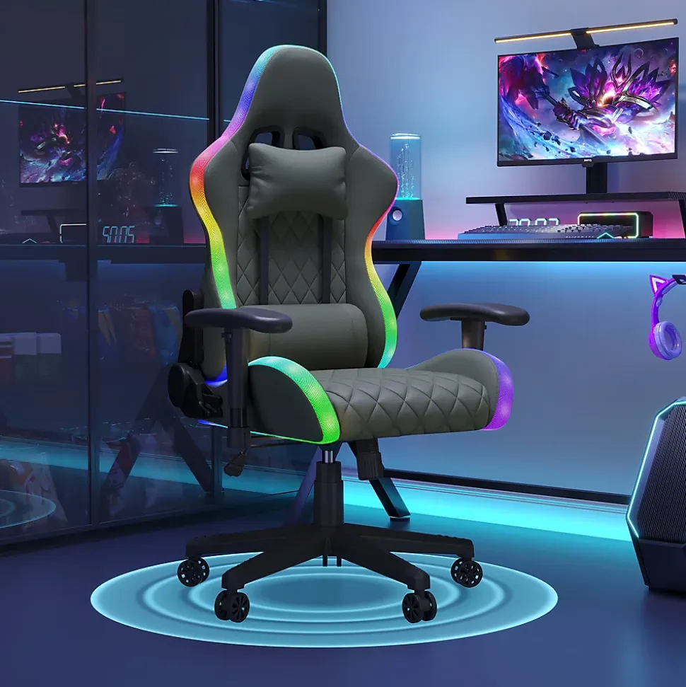 Chaise Gaming/Bureau LED RGB avec Massage Lombaire, Dossier Inclinable, Accoudoirs 2D, Pour Ados & Adultes