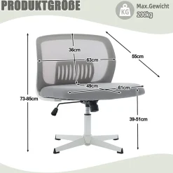 Chaise hauteur d assise 39-51 cm 61x55x73-85 cm sans accoudoirs assise large en mesh gris pivotante 360
