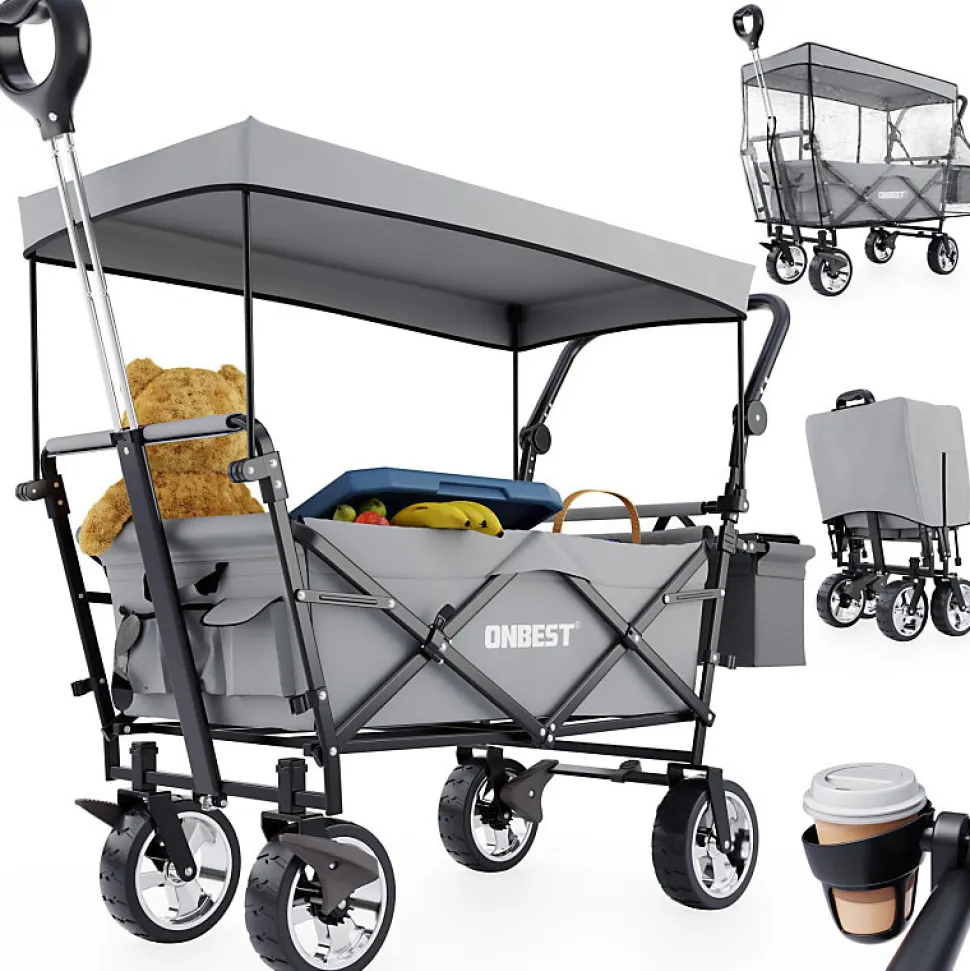 Chariot à bras chariot de transport pliable avec toit et housse amovible inclus sac isotherme Gris