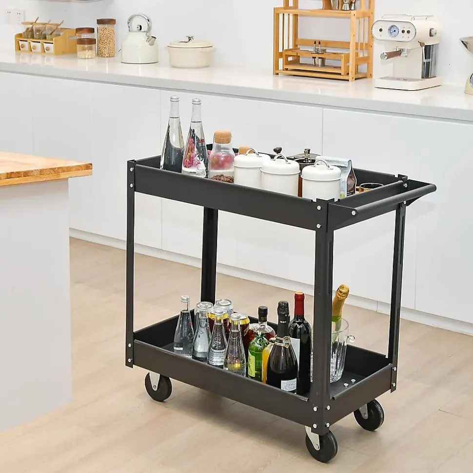 Chariot à Outils à 2 Niveaux,avec 4 Roues Lisses, avec Poignée Conviviale, pour Garage, Atelier, Entrepôt, Cuisine (Noir)