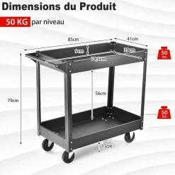 Chariot à Outils à 2 Niveaux,avec 4 Roues Lisses, avec Poignée Conviviale, pour Garage, Atelier, Entrepôt, Cuisine (Noir)