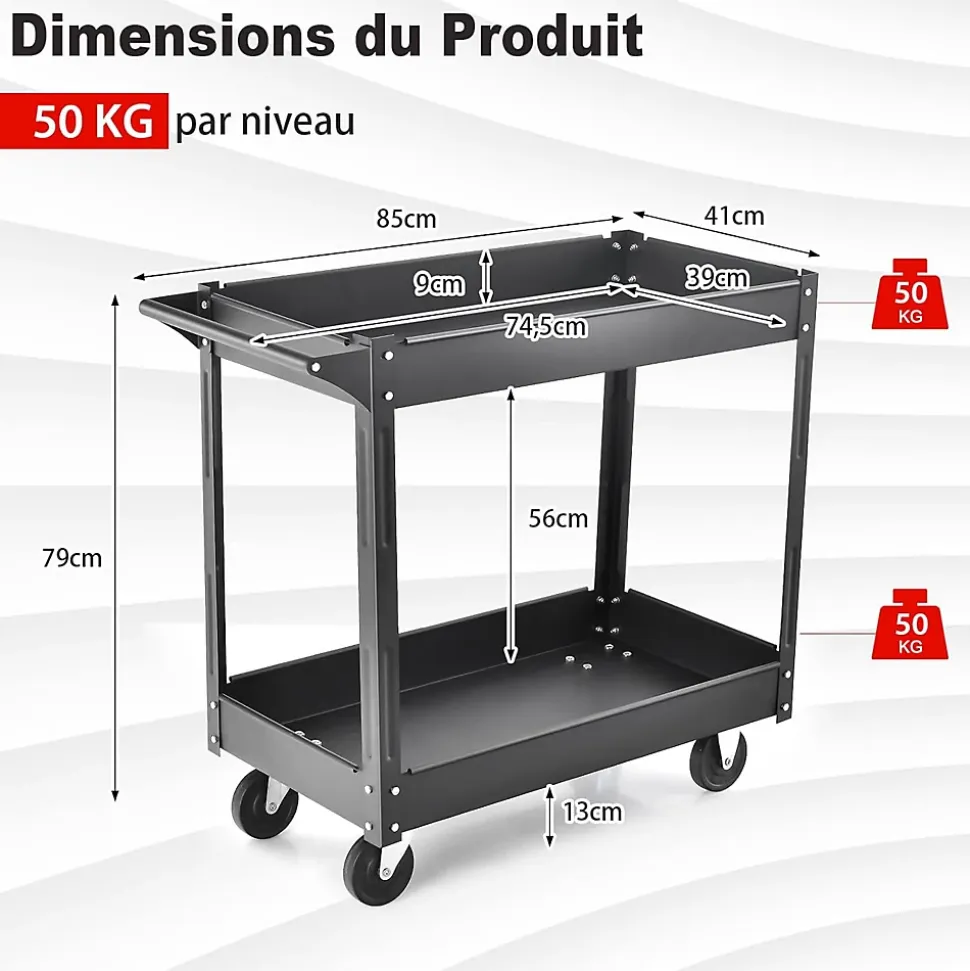 Chariot à Outils à 2 Niveaux,avec 4 Roues Lisses, avec Poignée Conviviale, pour Garage, Atelier, Entrepôt, Cuisine (Noir)