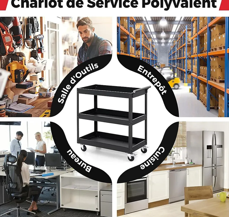 Chariot à Outils 3 Niveaux avec 4 Roues Universelles et Poignée Latérale,Servante d'Atelier Roulant 76 x 38 x 76 cm (Noir)