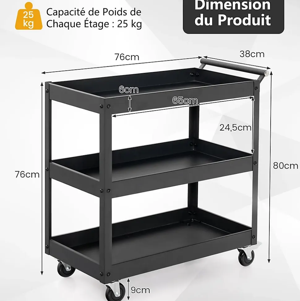 Chariot à Outils 3 Niveaux avec 4 Roues Universelles et Poignée Latérale,Servante d'Atelier Roulant 76 x 38 x 76 cm (Noir)