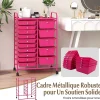 Chariot à roulettes avec 15 Tiroirs Cadre en Fer Tiroirs en Plastique Chariot de Rangement à 4 Roulettes Rose Foncé