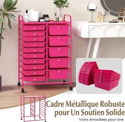 Chariot à roulettes avec 15 Tiroirs Cadre en Fer Tiroirs en Plastique Chariot de Rangement à 4 Roulettes Rose Foncé