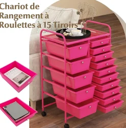 Chariot à roulettes avec 15 Tiroirs Cadre en Fer Tiroirs en Plastique Chariot de Rangement à 4 Roulettes Rose Foncé