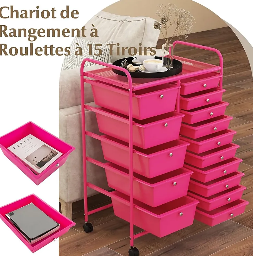 Chariot à roulettes avec 15 Tiroirs Cadre en Fer Tiroirs en Plastique Chariot de Rangement à 4 Roulettes Rose Foncé