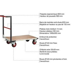 Chariot charge lourde - Plateau bois médium 16mm - Dimensions 1000x595mm - Charge 400kg - 806722230
