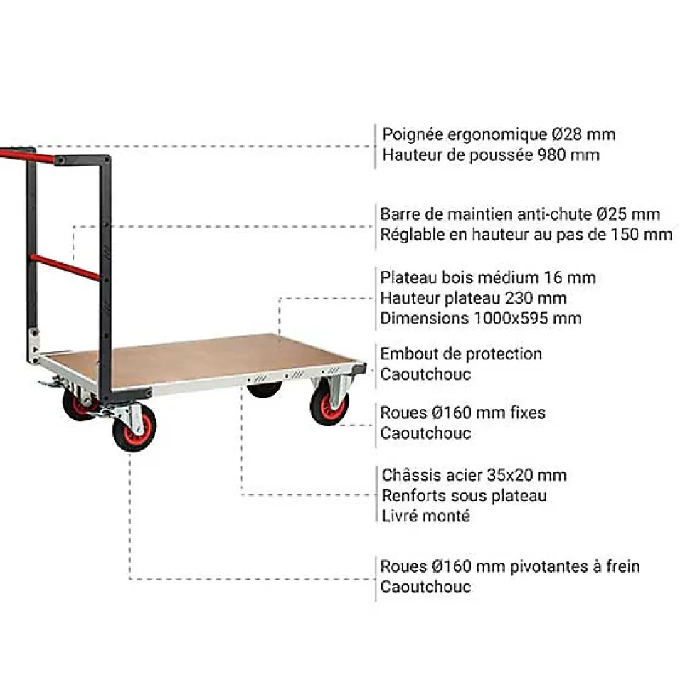 Chariot charge lourde - Plateau bois médium 16mm - Dimensions 1000x595mm - Charge 400kg - 806722230