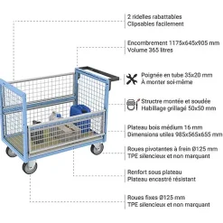 Chariot conteneur grillagé - Plateau 985x565mm - Roll contenur charge max 250kg - 800726121