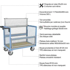 Chariot conteneur grillagé fermé - Plateau 985x565mm - Charge max 250kg - 800726123