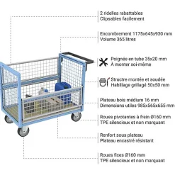 Chariot conteneur grillagé - Plateau 985x565mm - Roll contenur charge max 500kg - 800726221