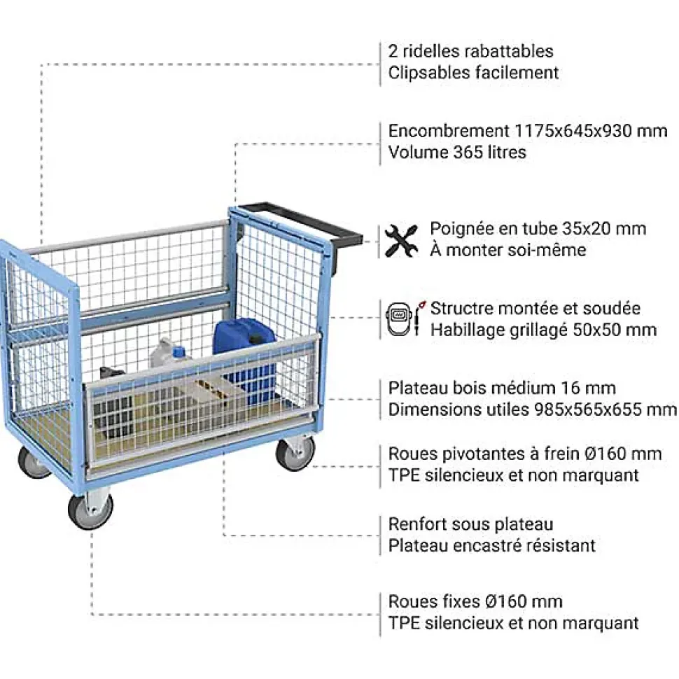 Chariot conteneur grillagé - Plateau 985x565mm - Roll contenur charge max 500kg - 800726221