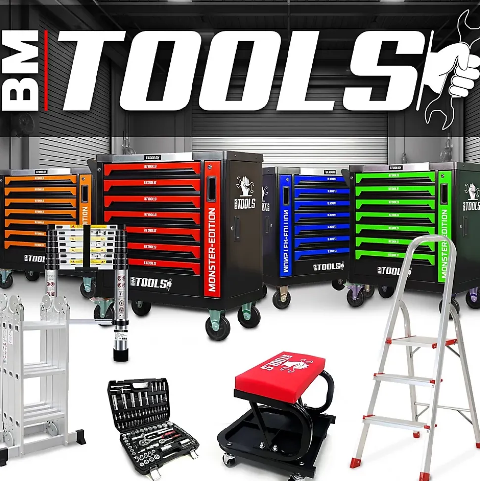 Chariot d'atelier BM TOOLS TOOLCART à 3 étages sur roulettes - Desserte, Plateaux de rangement pour outils, Servante, 150KG Max