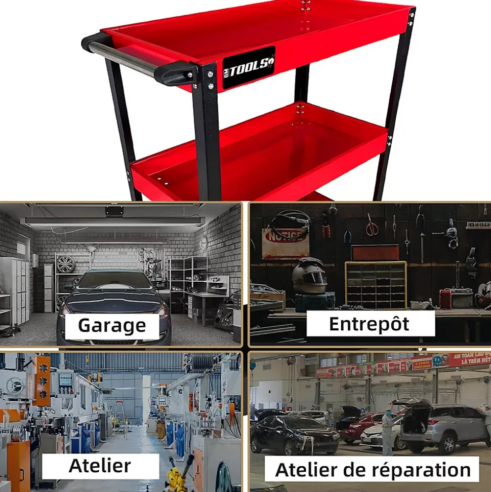 Chariot d'atelier BM TOOLS à 3 étages - Desserte, Plateaux de rangement pour outils, Servante, avec Dévidoir de papier
