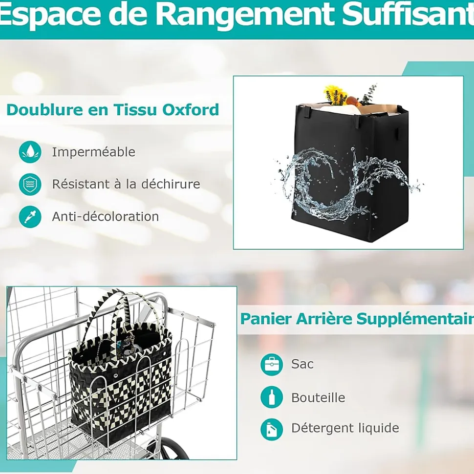 Chariot de Courses Pliable Charge 100KG 2 Roues Pivotantes avec Panier Doublure en Oxford Argent