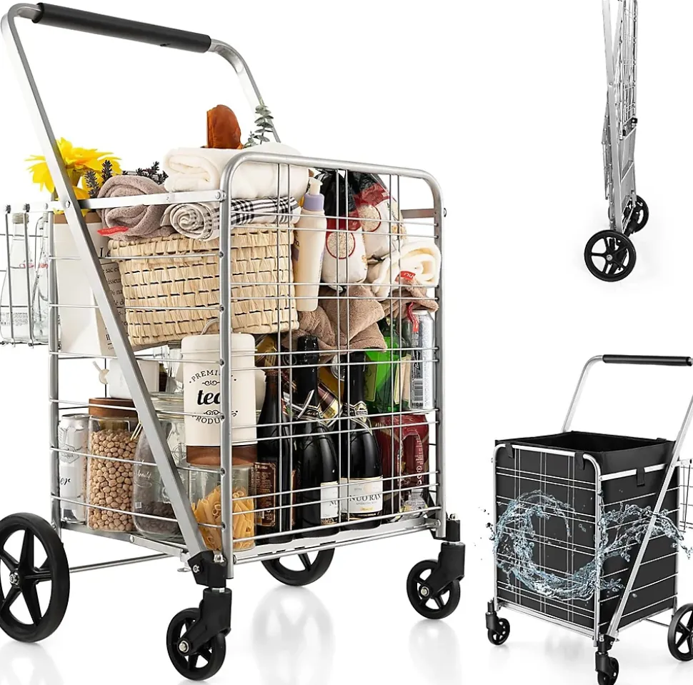 Chariot de Courses Pliable Charge 100KG 2 Roues Pivotantes avec Panier Doublure en Oxford Argent