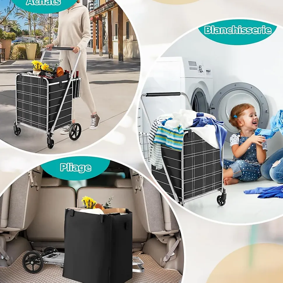 Chariot de Courses Pliable Charge 100KG 2 Roues Pivotantes avec Panier Doublure en Oxford Argent