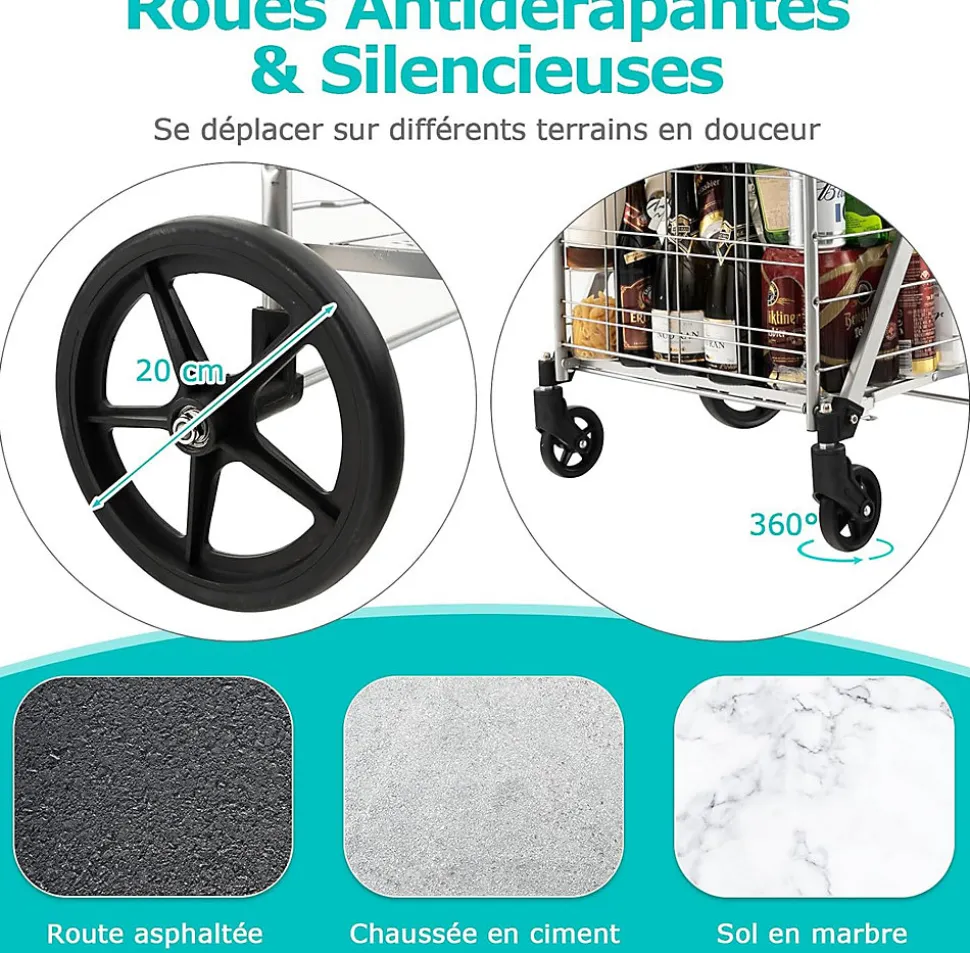 Chariot de Courses Pliable Charge 100KG 2 Roues Pivotantes avec Panier Doublure en Oxford Argent
