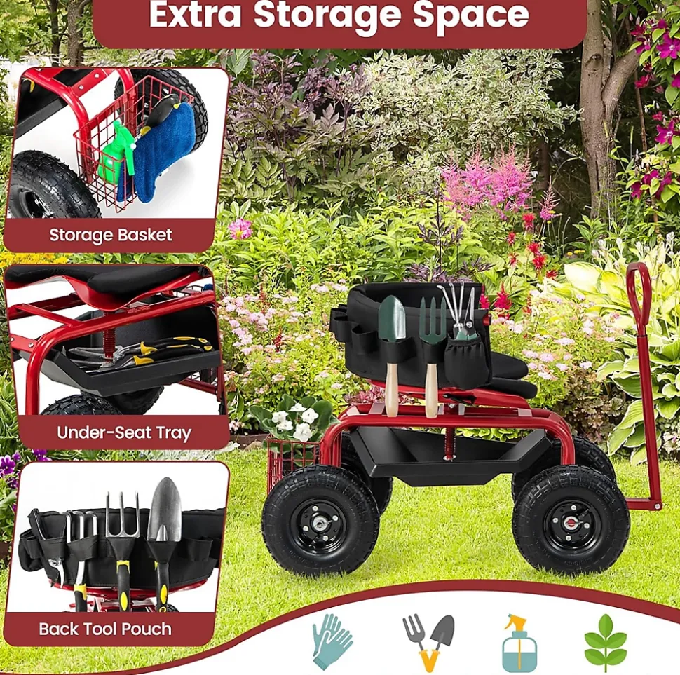 Chariot de Jardin à Roulettes avec Siège Pivotant Poignée Extensible Panier Hauteur Réglable Charge 150 kg Rouge Noir