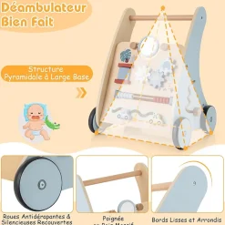 Chariot de Marche Bébé en Bois, Trotteur d'Activités Éducatives avec Blocs Interactifs, Rangement