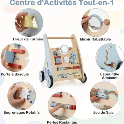 Chariot de Marche Bébé en Bois, Trotteur d'Activités Éducatives avec Blocs Interactifs, Rangement