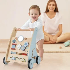 Chariot de Marche Bébé en Bois, Trotteur d'Activités Éducatives avec Blocs Interactifs, Rangement