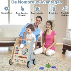 Chariot de Marche Bébé en Bois, Trotteur d'Activités Éducatives avec Blocs Interactifs, Rangement