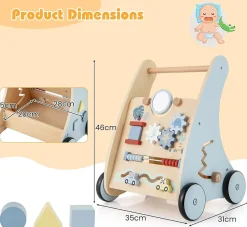 Chariot de Marche Bébé en Bois, Trotteur d'Activités Éducatives avec Blocs Interactifs, Rangement