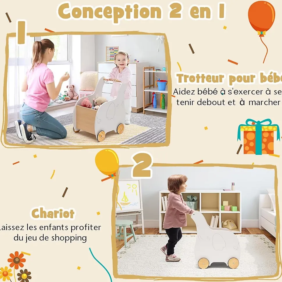 Chariot de Marche Bebe, 2 en 1 Trotteur Bébé Garçon Fille avec Coffre à Jouets, Trotteur à Pousser Enfant Forme d'Éléphant