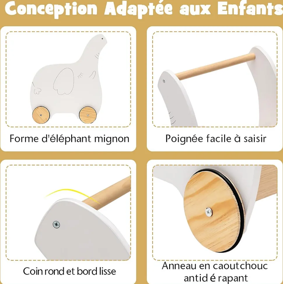 Chariot de Marche Bebe, 2 en 1 Trotteur Bébé Garçon Fille avec Coffre à Jouets, Trotteur à Pousser Enfant Forme d'Éléphant