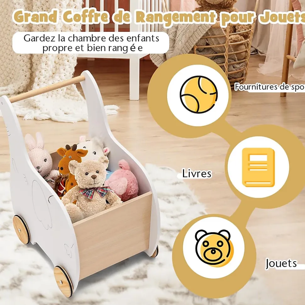 Chariot de Marche Bebe, 2 en 1 Trotteur Bébé Garçon Fille avec Coffre à Jouets, Trotteur à Pousser Enfant Forme d'Éléphant