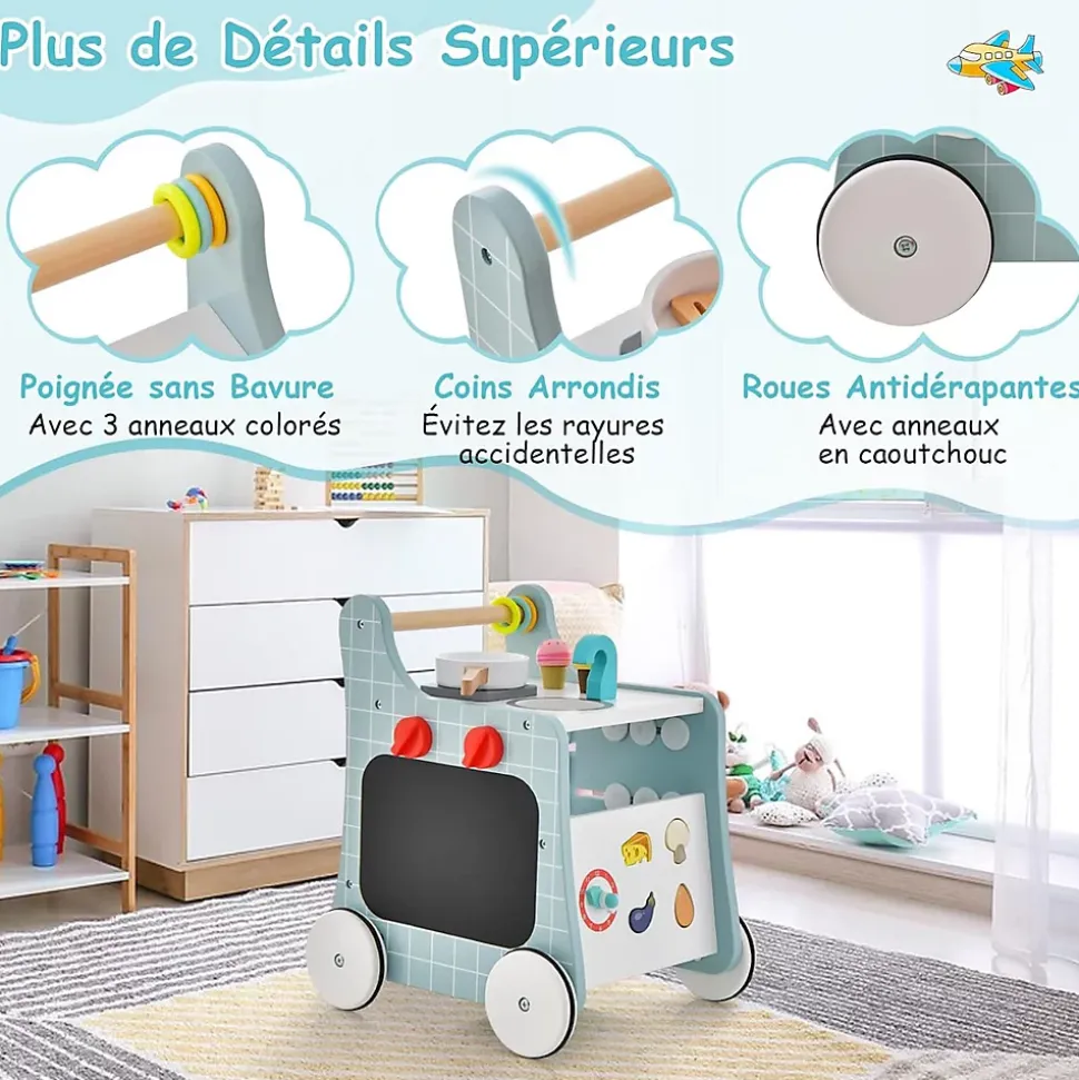 Chariot de Marche Bebe, 6 en 1 Trotteur Bois Centre d'Activités avec Jouet de Cuisine, Curseur Mobile, Vert
