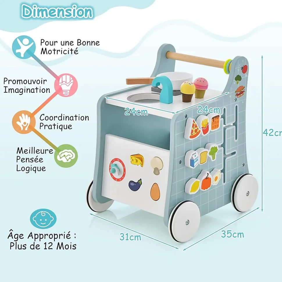 Chariot de Marche Bebe, 6 en 1 Trotteur Bois Centre d'Activités avec Jouet de Cuisine, Curseur Mobile, Vert